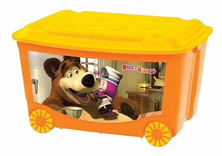 Ящик для игрушек на колесах с аппликацией "Маша и Медведь", оранжевый 